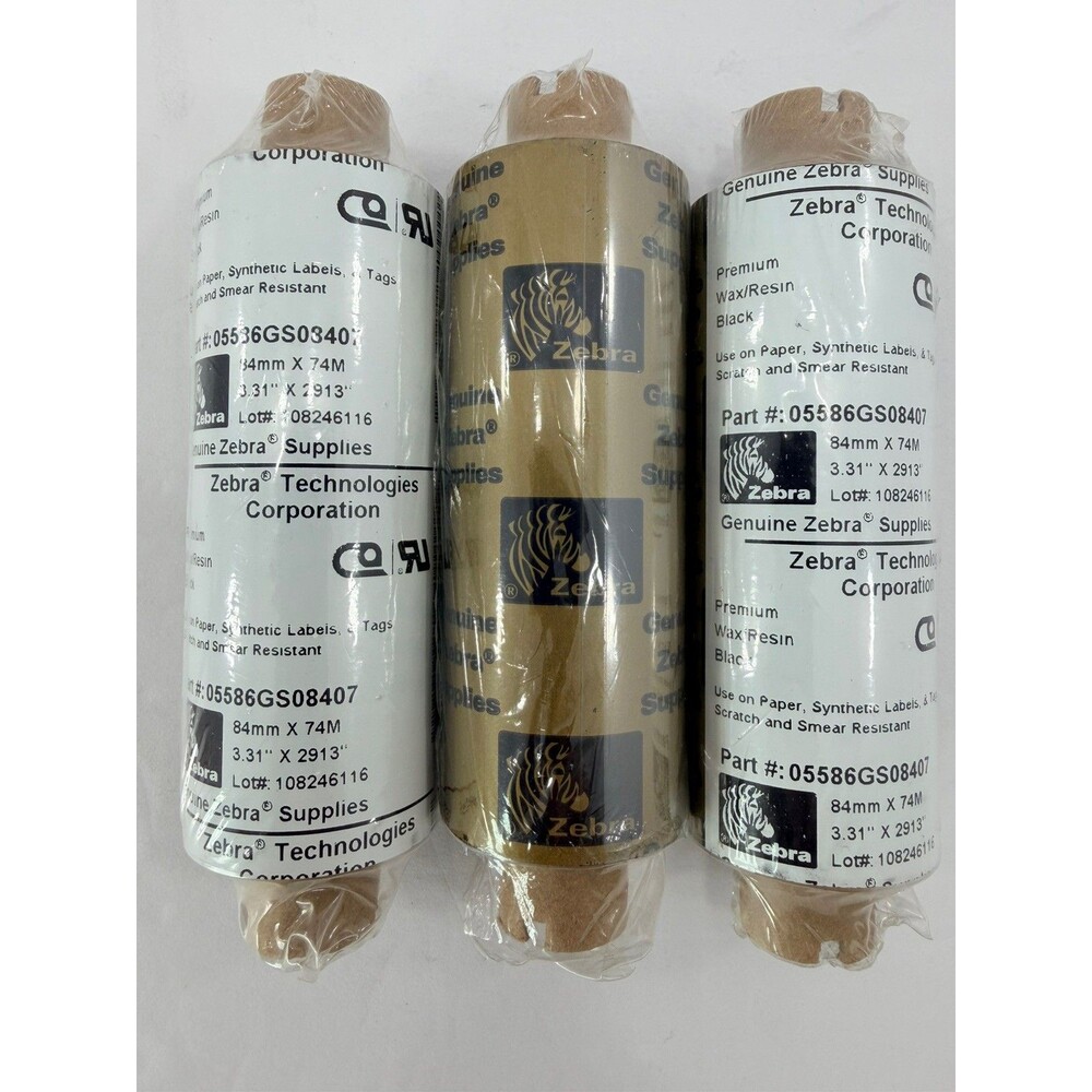 Lot of 3 Zebra 5586 Premium Wax/Resin Ribbons - 84mm x 74M (05586GS08407)